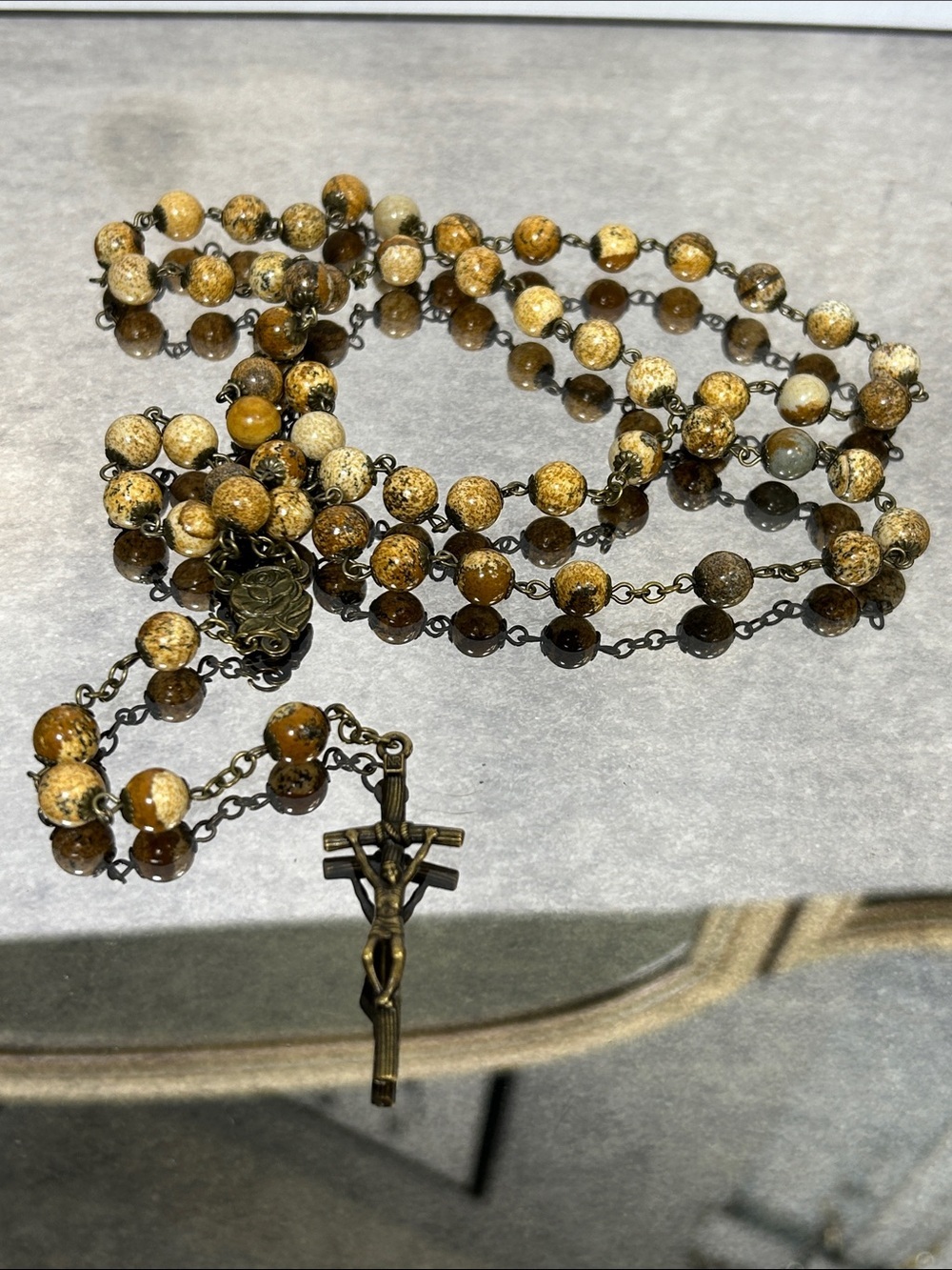 Vintage-Inspired Rosary Necklace with Brown Jasper Stone Beads